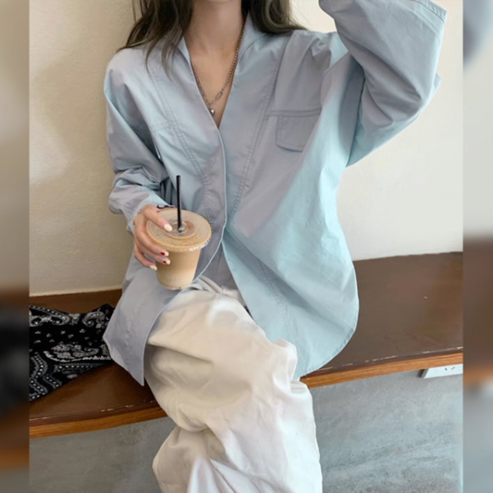 무드무드 에드 가오리핏 언발 브이넥 셔츠