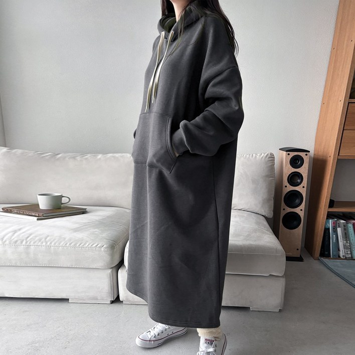 민트위니 여성용 롱기모후드원피스 오버핏 빅사이즈 겨울 후드 포켓