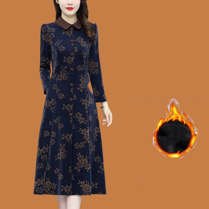 AOKADA 여성 겨울 슬림핏 벨벳 플라워 긴팔 플레어 핀턱 원피스