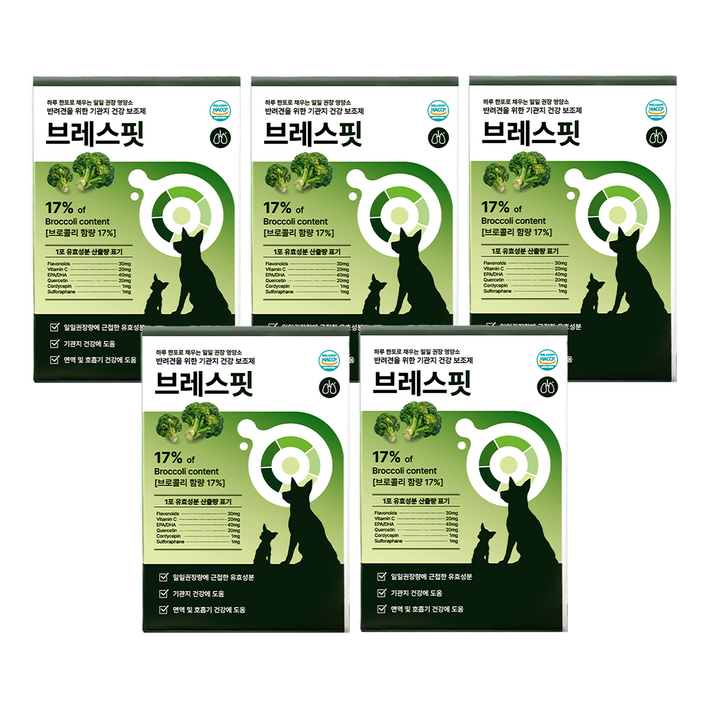 [효과 빠른] 브레스핏 강아지 기관지 영양제 켁켁거림, 거위소리 개선 브로콜리 오메가3, 5세트, 호흡기/기관지, 30회분
