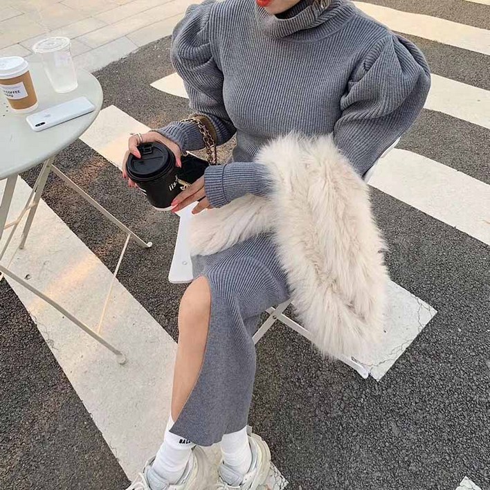 겨울 여성 롱 니트 원피스 여자 패션 니트 퍼프 소매 슬림핏 폴라 스커트 LCL