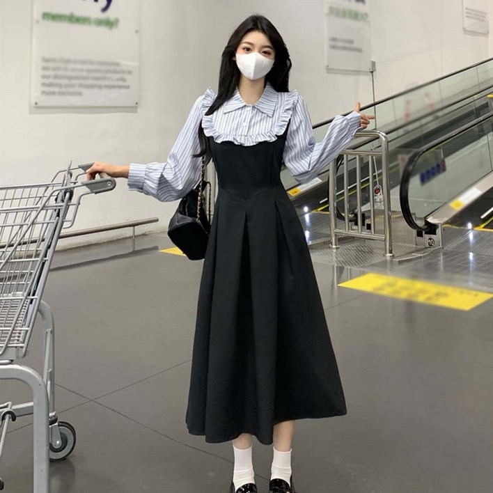 TKX 여성 가을 겨울 롱 슬리브 플레어 원피스 귀여운 디자인 캐주얼 스타일 스트라이프 배색 장식 MN53