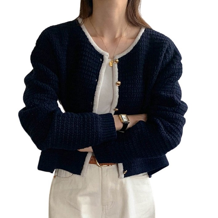 보씨엘 여성 니트 가디건 스웨터 긴팔 숏 아우터 와플 라운드넥 가을 겨울