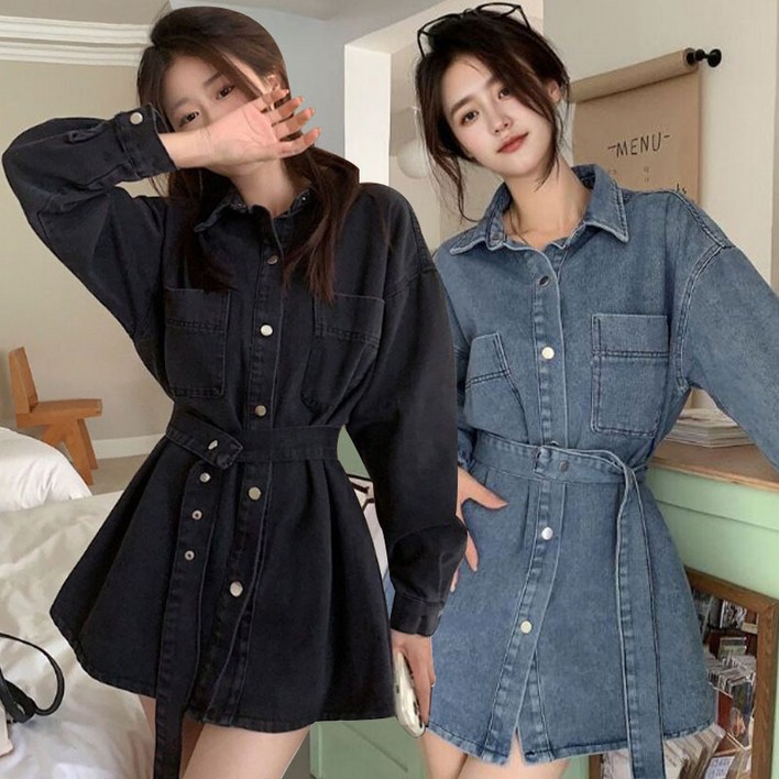 율리 [YOULI] 셔츠형 카라 데님 미니 벨트 원피스