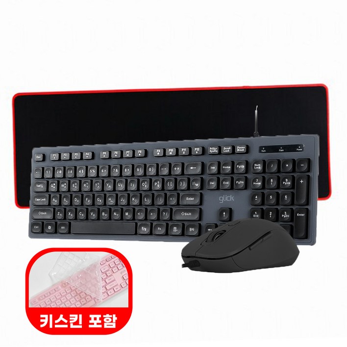 지클릭커 GMK-300 COMBO 슬림 유선 키보드마우스 세트 펜타그래프 with 장패드 (키스킨 포함), 인체공학적, 블랙, GMK-300 COMBO