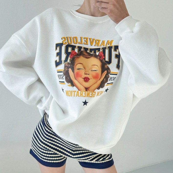 도잇 여성 기모 맨투맨 겨울 루즈핏 오버핏 그래픽 프린트 데일리 캐주얼 스웻셔츠 빅사이즈