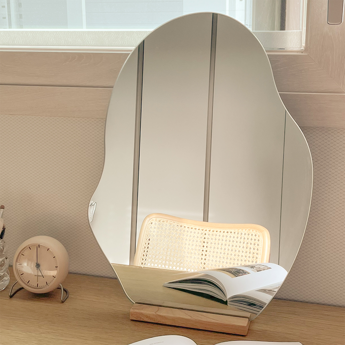 무카바 비정형 웨이브 탁상 거울 라지 사이즈 원목 받침대, 단일색상 라탄거울