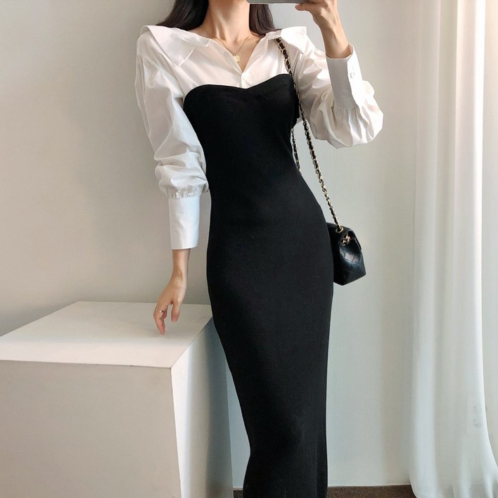 요시아나 당일발송 멋스러운 엘레노어 셔츠 핏 블랙 배색 롱 원피스