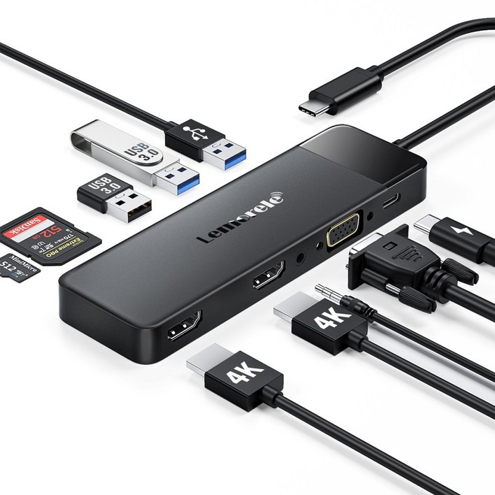 Lemorele 10 in1 USB C 허브 유형 C 도킹 스테이션 PD 100W 4K HDMI USB 3.0 허브 SDTF 카드 슬롯 VGA 포트, 1개