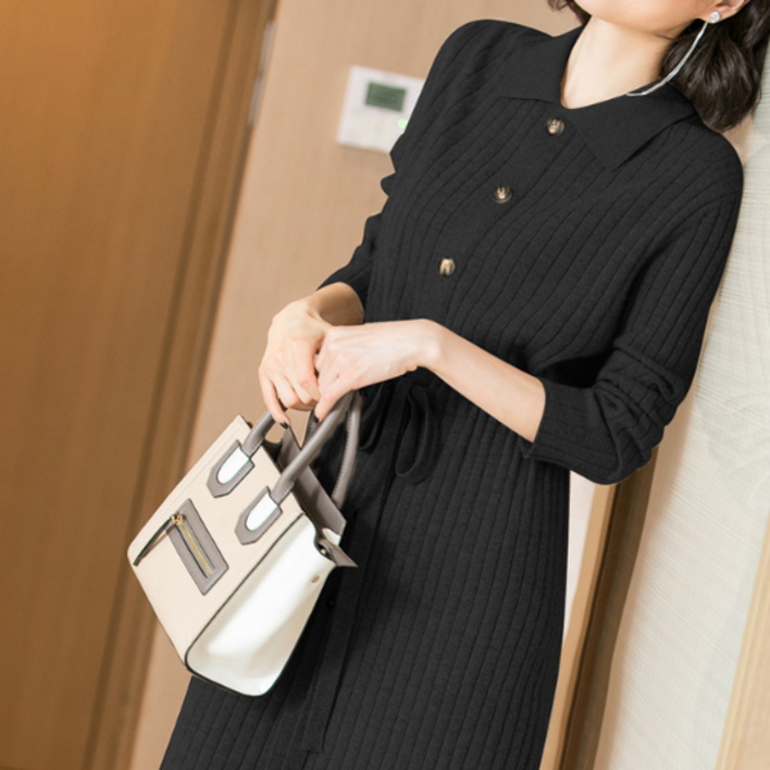 르엠마 베리 카라 버튼 니트 골지 주름 허리끈 니트원피스 겨울원피스 가을 원피스