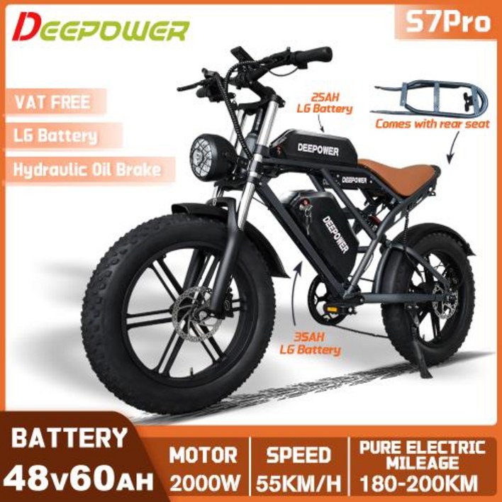 전기 자전거 전동 이륜차 스쿠터 DEEPOWER S7PRO 오프로드 2000W 48V 60AH 배터리 모든 지형 오토바이 스타일 오일 브레이크 성인 Mountain Ebike