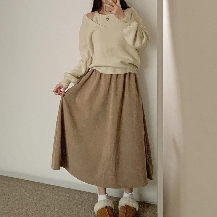 어나더뷰 2350 5컬러 모먼트 코듀로이 밍크 플레어 롱 스커트 밴딩 A라인 스판 골지 퍼 기모 융털 벨벳 골덴 겨울 치마