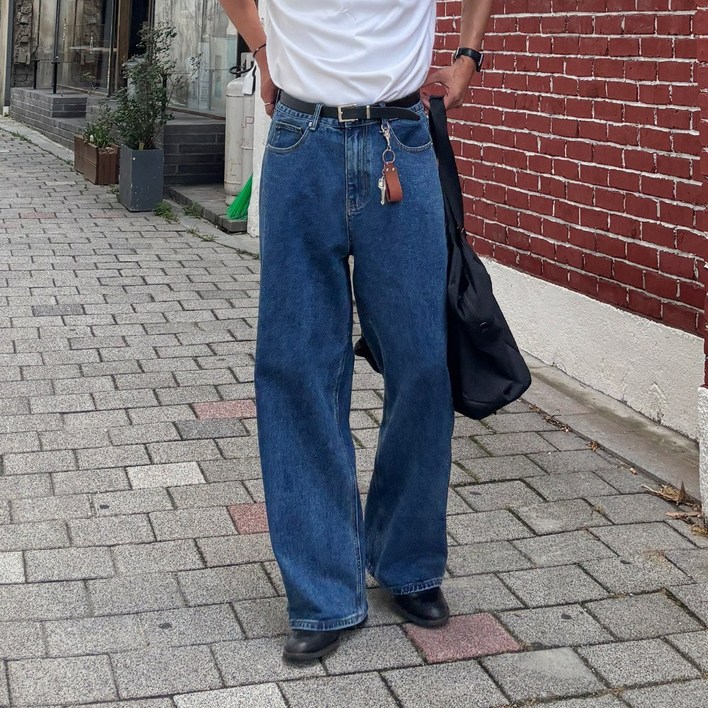 쿠마르 남성용 와이드 베이직 워싱 데님 팬츠