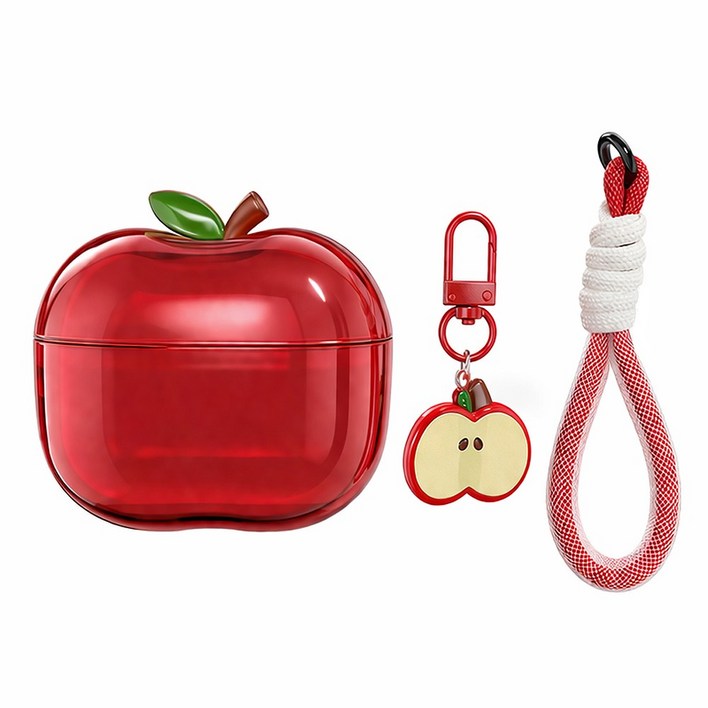 사과 에어팟 케이스 반투명 키링 스트랩 포함, 레드, 에어팟 프로 12세대 공용