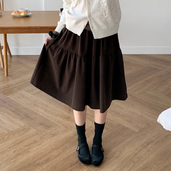 더한땀 빅사이즈 A라인 코듀로이 캉캉 미디 스커트