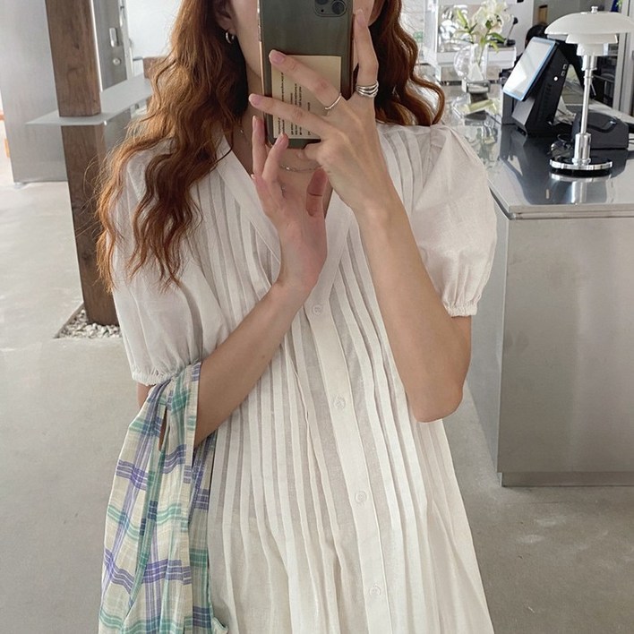 롱 원피스 제이플로우 린넨 여름 루즈핏 주름 브이넥