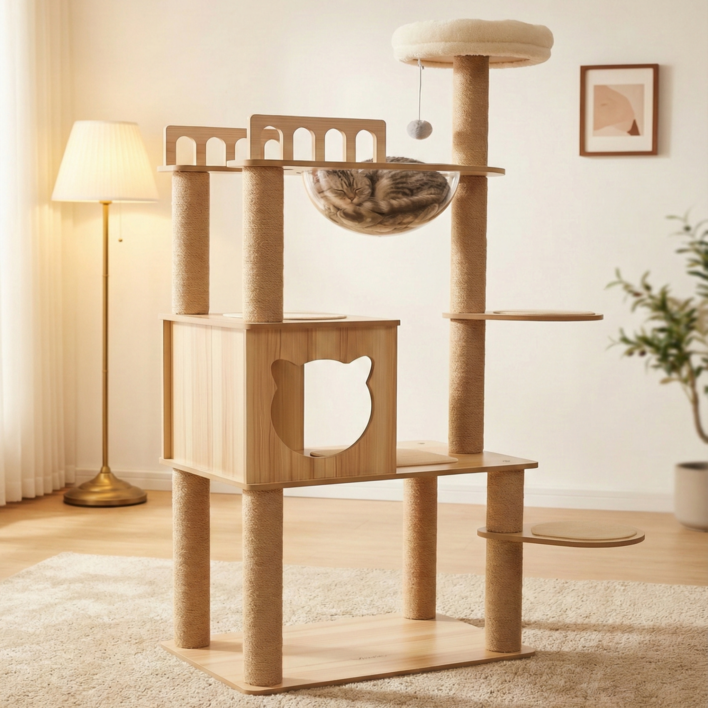 MILALOUIS 다기능 견고한 원목 감성 캣타워 스크래쳐 고양이장난감 대형 및 소형 고양이모두사용 원목캣타워, 1개, DX001