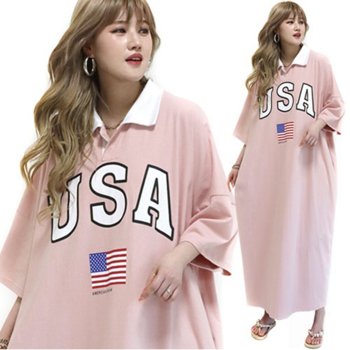 현이네 USA 카라 반팔롱 원피스 55120 까지착용 5 컬러 6XL