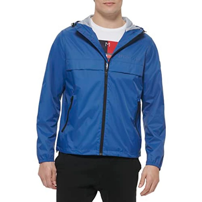 Tommy Hilfiger 남성용 심플 후드 레인 재킷, 네이비