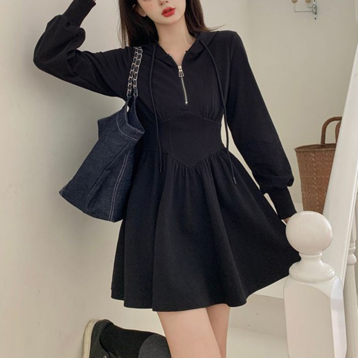 슬림소녀 여성 봄가을 캐주얼 긴팔 후드 원피스 슬림핏 빅사이즈 스트링 지퍼 a라인 스커트 슬림소녀 여성 봄가을 캐주얼 긴팔 후드 원피스 슬림핏 빅사이즈 스트링 지퍼 a라인 스커트