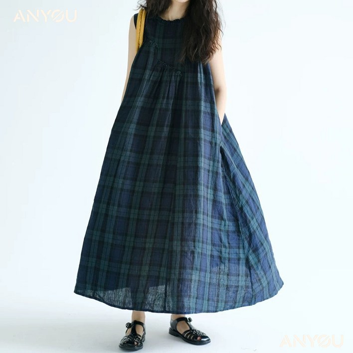 스타일닥터 여성 민소매 롱 면마 원피스 체크 라운드넥 통기성 원피스