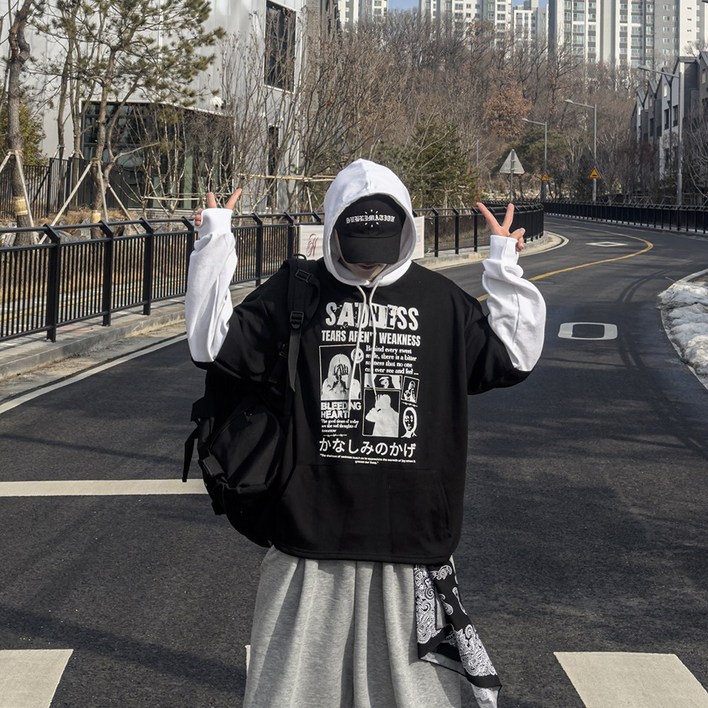 지금 JIIGEUM 새드 레이어드 오버 후드티