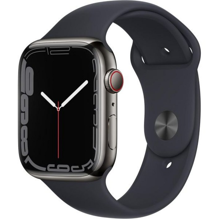 미드나잇 스포츠 밴드가 있는 Apple Watch 시리즈 7(GPS + 셀룰러, 45MM) 흑연 스테인리스 스틸 케이스(갱신)