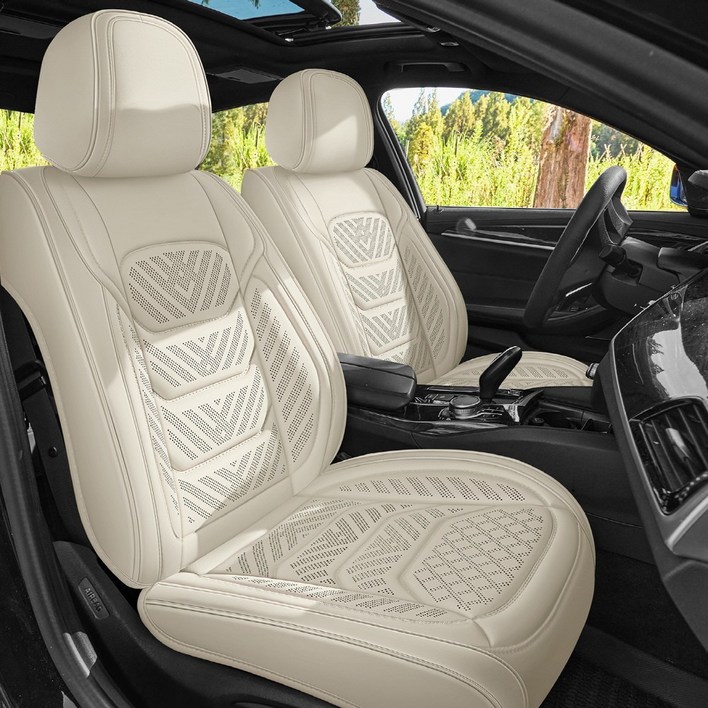 이엠비 자동차 시트커버 타공 통풍 매트 풀세트, 2개, 바닐라베이지 앞좌석