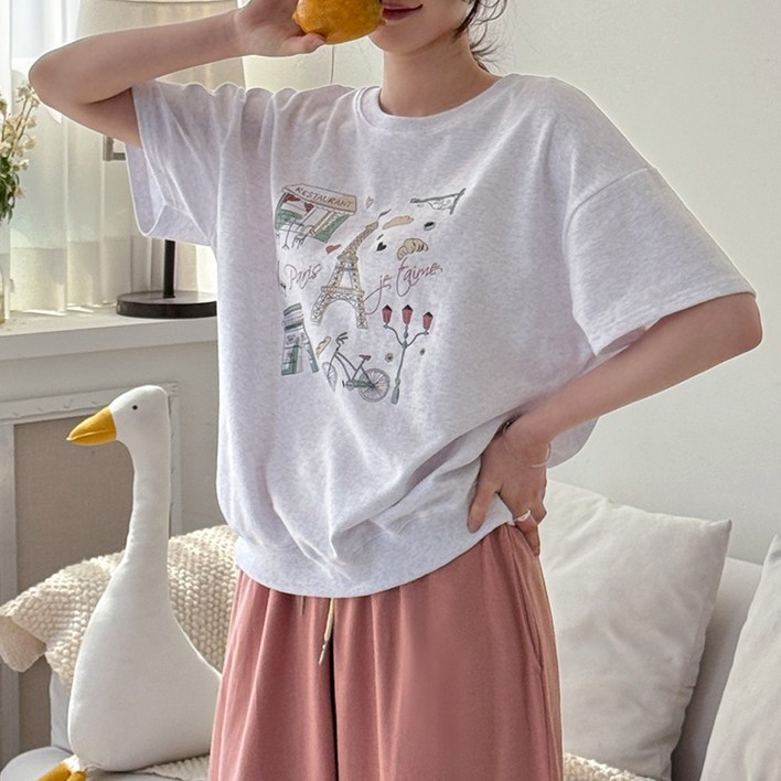 데일리앤 아리스 데일리 루즈핏 박시 프린팅 면 맨투맨 반팔티 여성 스웻셔츠 봄 여름 빅사이즈