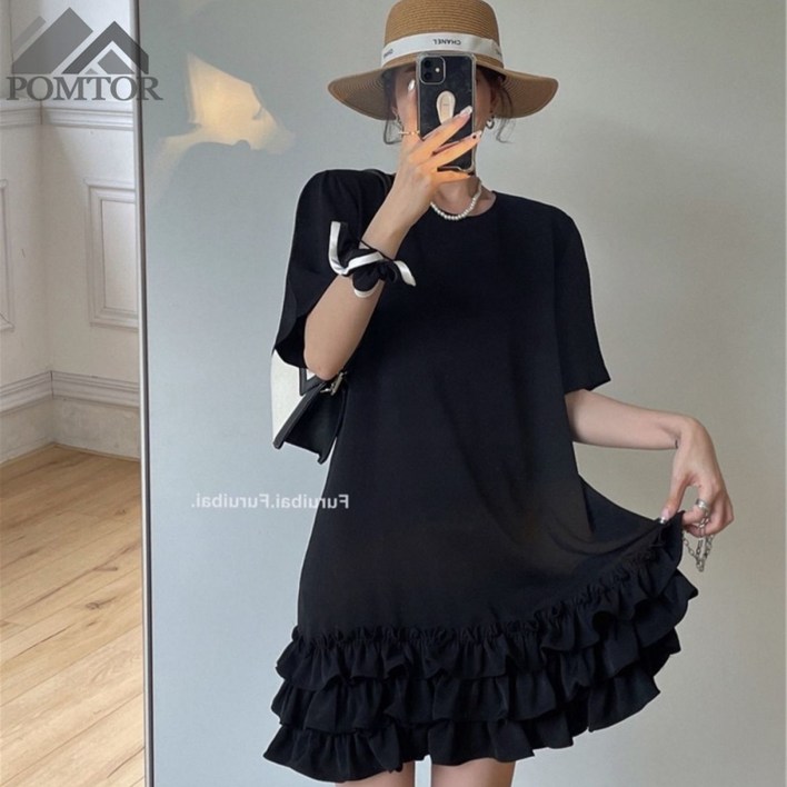 POMTOR 여성 반팔 루즈핏 미니 프릴 티셔츠 원피스L4XL POMTOR 여성 반팔 루즈핏 미니 프릴 티셔츠 원피스L4XL