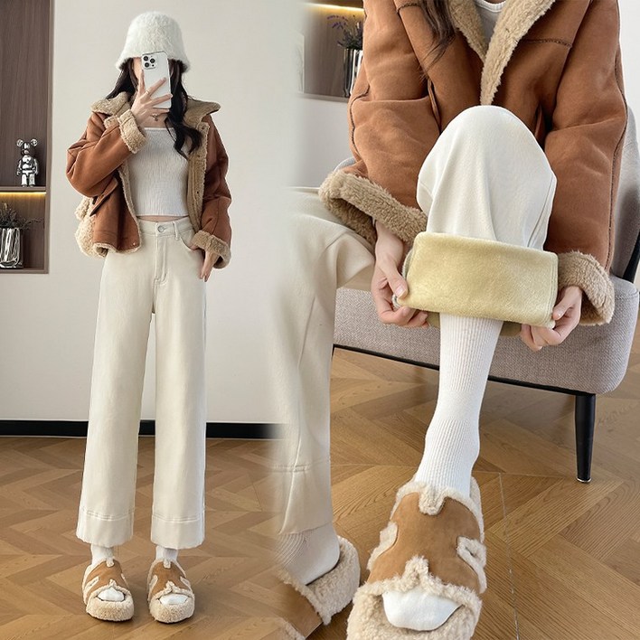 25FW 신상 키작녀 9부 겨울기모청바지 일자 세미 와이드 본딩 스판데님 편한바지