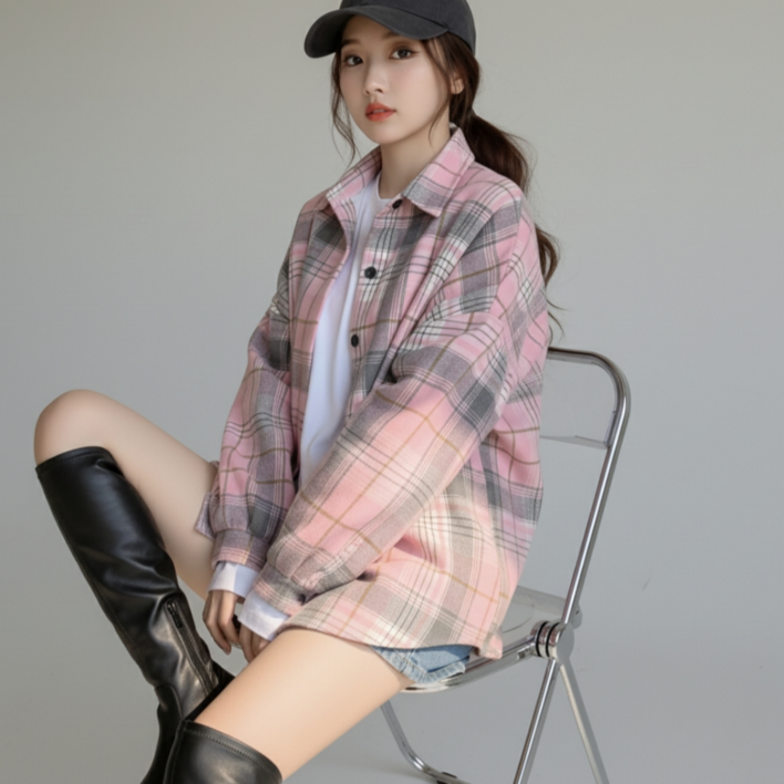 쁘띠엘라 캠퍼스룩 체크 남방 기모 셔츠 긴팔티 루즈핏 아우터