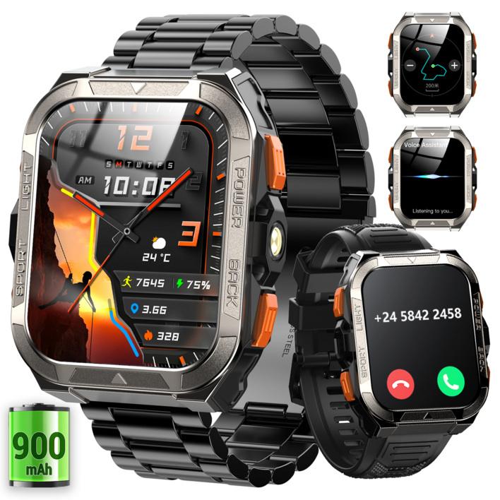 IOWODO W80Pro 메탈 스트랩 아웃도어 스마트워치 1.91인치 대형 디스플레이 GPS 나침반2.0 통화지원 앱 알림 LED 손전등 IP68 방수 한국어 버전 크리스마스 선물, GPS  블루투스, 4.6cm, 검은색