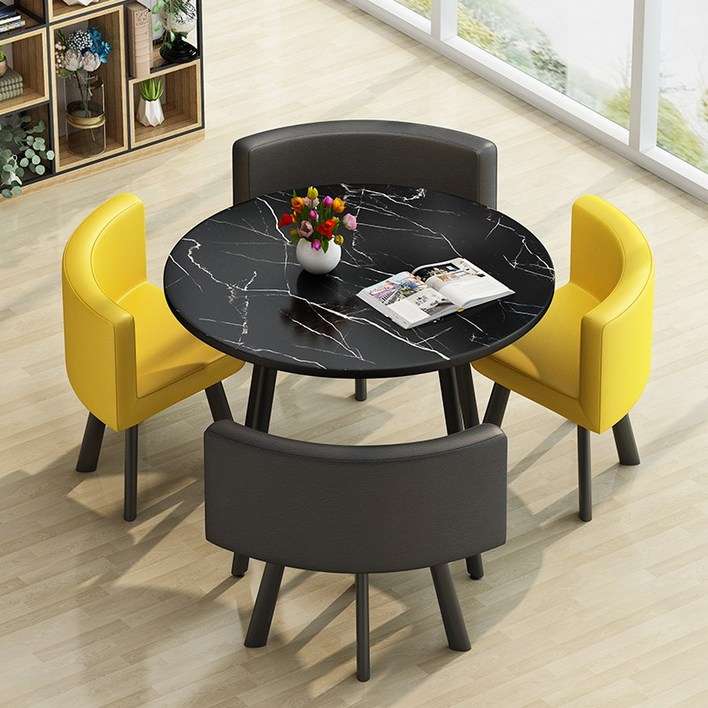 4인용 원형 올인원 테이블 의자 세트 카페 공간활용, 밝은노란색황색가죽의자라운드테이블