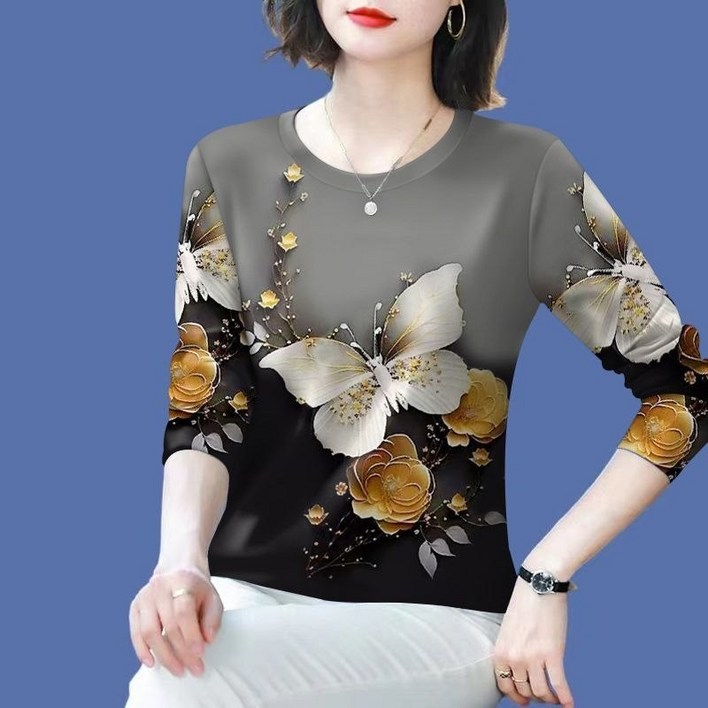 딜마켓 나빈티셔츠  여성 꽃나비 화려한 티셔츠 상의