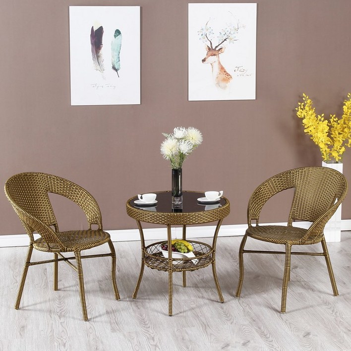 라보야 라탄 테이블 의자 2개 세트 야외 발코니 카페 커피 티테이블 원형, 골드테이블의자2개세트