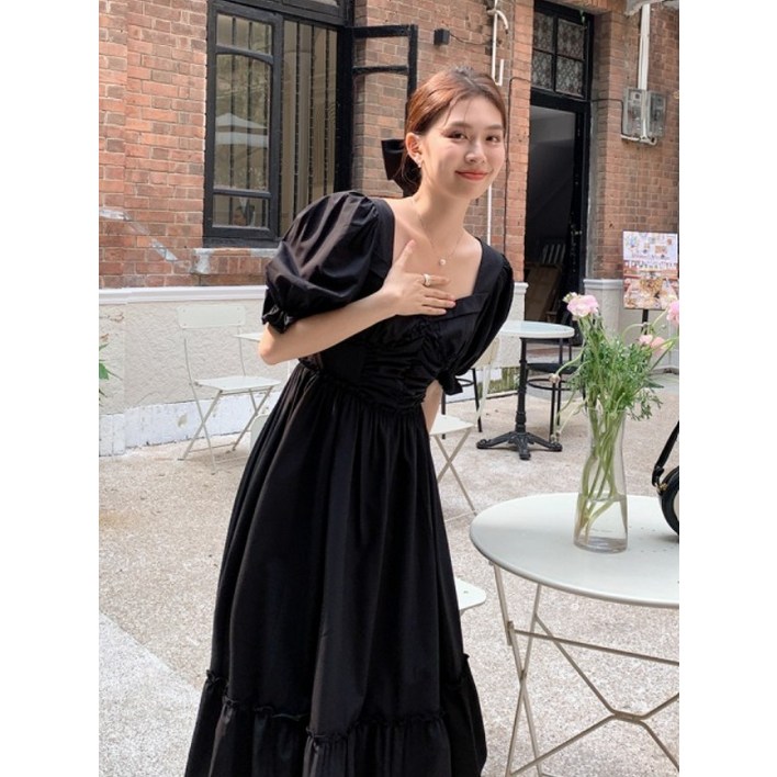 프릴 퍼프 우아한 스퀘어넥 롱 원피스 브라이덜 샤워 드레스 촬영용 모임 돌잔치 룩