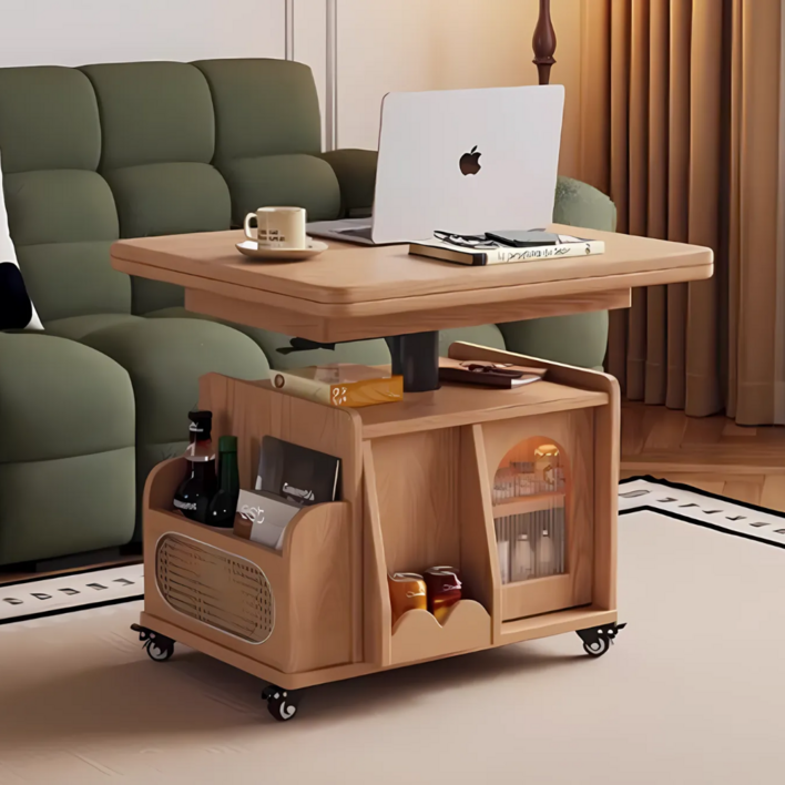 멀티프트 실용적인 리프트업 테이블 이동식 확장형 거실 커피 높이조절 서랍형, 오크