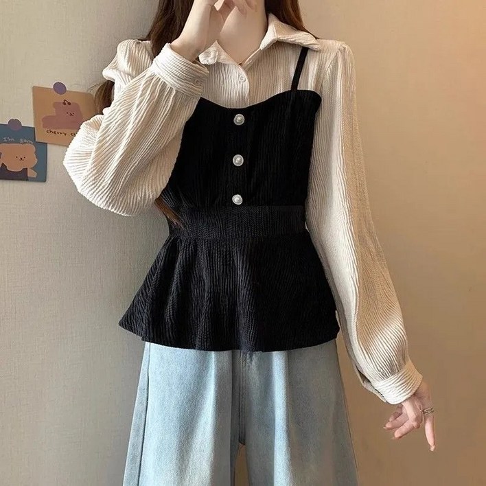 MAKABORO 여성 레이어드 셔츠 카라넥 허리조임 배색 슬림핏 빅사이즈 긴팔 셔츠