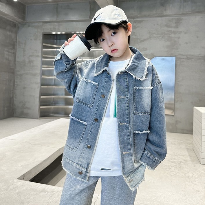 큐엘아리아 남아 데님 셔츠 초등생 청긴팔 자켓 초중생 봄 가을 청점퍼 포켓