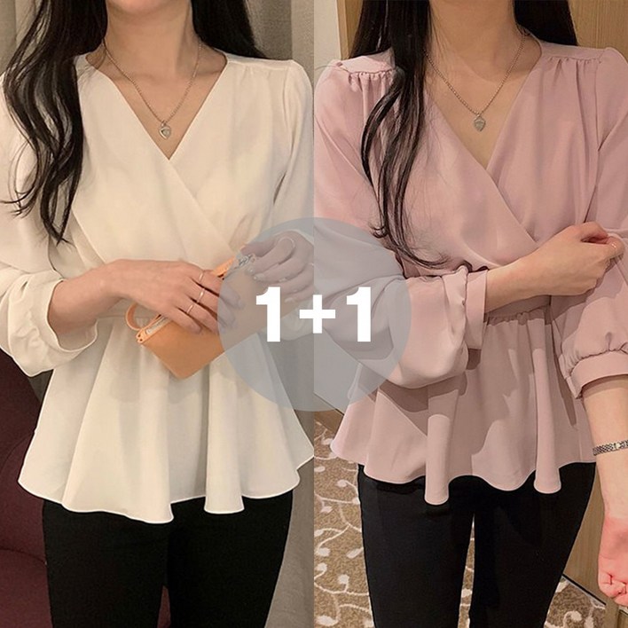 지디오 여성 프릴 쉬폰 블라우스 2개 세트 빅사이즈 간절기 셔츠 브이넥 루즈핏 7부 퍼프 소매 봄 가을