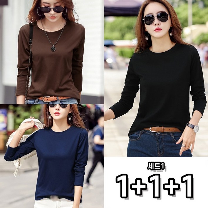111 3종세트 여성 라운드 무지 긴팔 티셔츠 심플 기본핏 이너티 간절기 긴팔티 3p 100KG까지