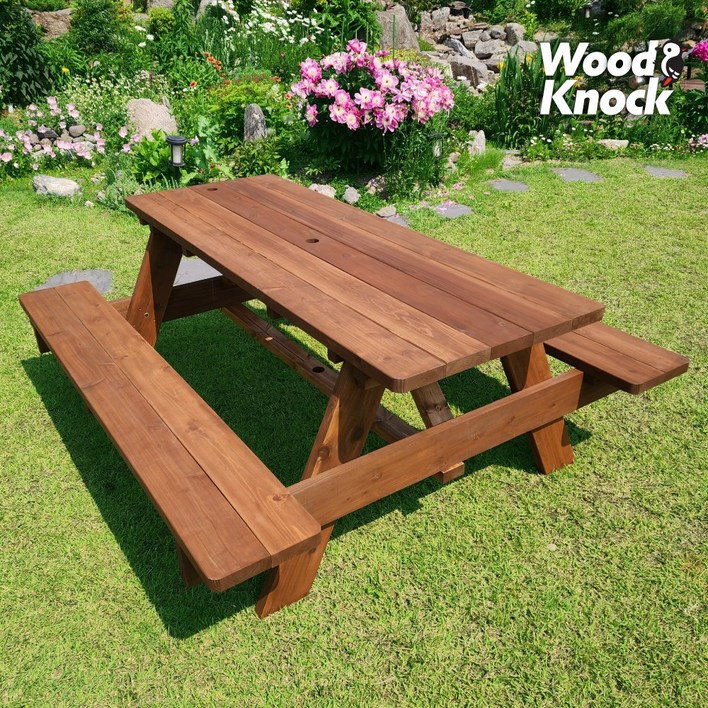 미엔우드 송진 없는 통원목 일체형 야외테이블 세트 야외용 평상 편의점 카페 피크닉 테이블, 8인 월넛색