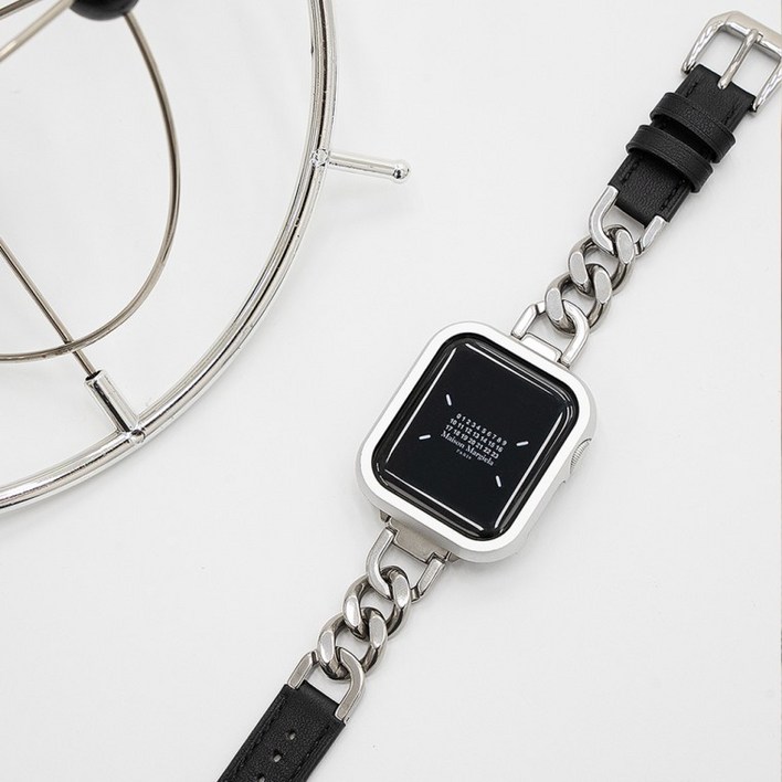 엔터콘 애플워치 모던 슬림 체인 레더 메탈 가죽 스트랩 밴드 시계줄