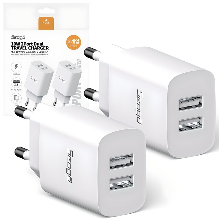서가 10W 듀얼 2포트 멀티 USB 충전기 어댑터, 화이트, 2개 서가 10W 듀얼 2포트 멀티 USB 충전기 어댑터, 화이트, 2개