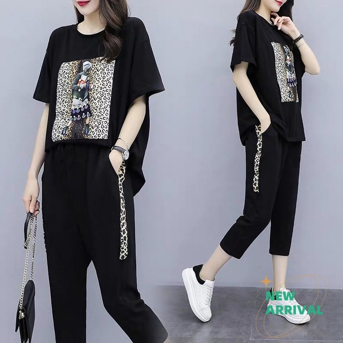 Gradle 신상품 여성 여름 캐주얼 트레이닝 세트 빅사이즈 반팔티 9부 바지 투피스 패션 츄리닝세트여자