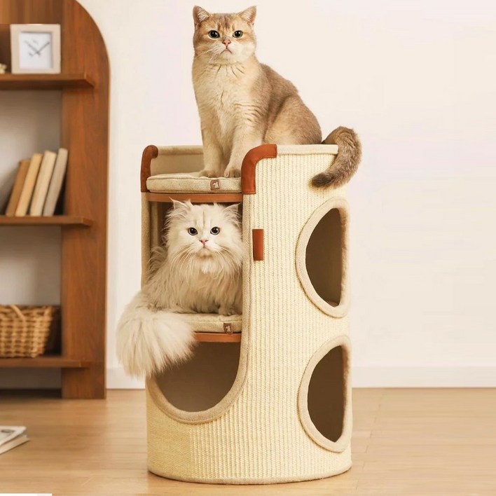 먀오샤오위안 2단 캣타워트리하우스 일체형, 조립없는 즉시사용 다묘 가구, 친환경 시서스 스크래쳐 통, 1개, 베이지