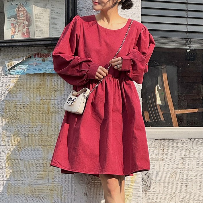 로로텐 플레어 셔링 퍼프 긴팔 미니 원피스 면 라운드넥 여성 빅사이즈