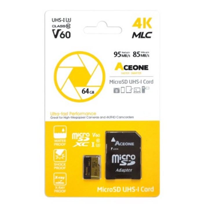 에이스원 MLC 마이크로SD 64GB 4K U3 V60 액션캠 캠코더 MicroSD