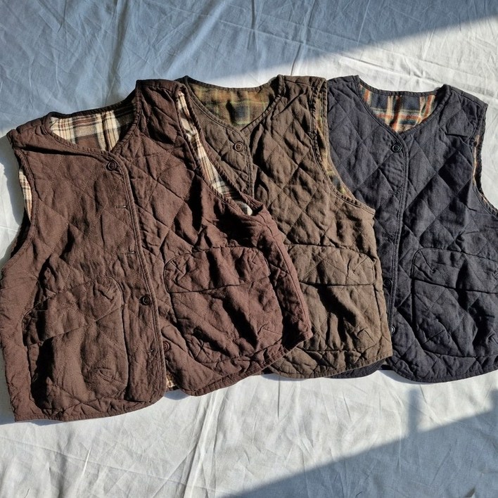 따뜻한 린넨 누빔조끼 여성용 중년 체크안감 베스트 겨울 엄마옷 9667